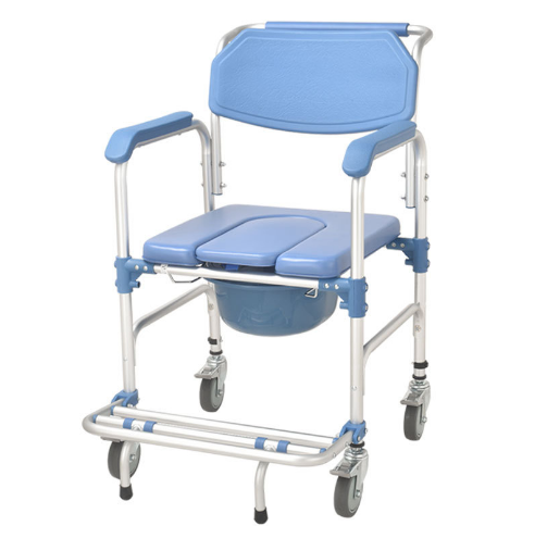 De blauwe Stoel van het het Kaderpp Vierwielige Toilet van de Aluminiumlegering met Rem 0